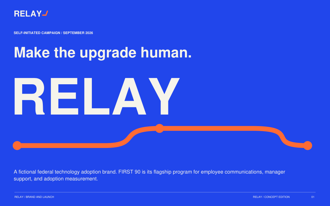 RELAY brand and launch book cover in cobalt, ivory, orange, and ink